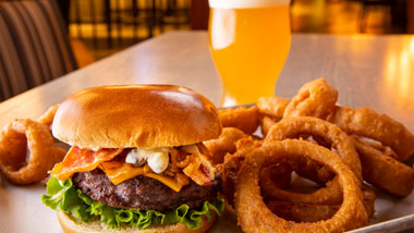 burger and onion rings