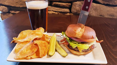 beer with burger and chips