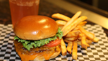 beer, cheeseburger and fries