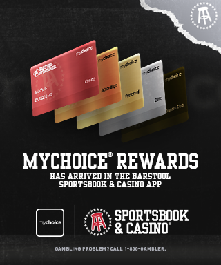 mychoice/Barstool loyalty cards and text: "mychoice Rewards has arrived in the Barstool Sportsbook & Casino App / mychoice logo / Barstool Sportsbook & Casino logo / Gambling Problem? Call 1-800-Gambler."