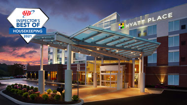 Hyatt place exterior with AAA Inspectors best of housekeeping 2021 logo