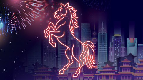 Fireworks city skyline and horse in neon colors
