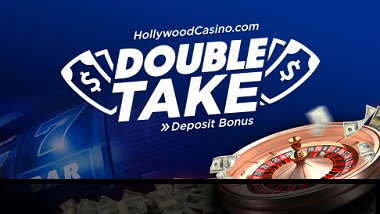 dark blue background, slot reel, roulette wheel, stacks of cash and flying money with the text: "HollywoodCasino.com Double Take Deposit Bonus"
